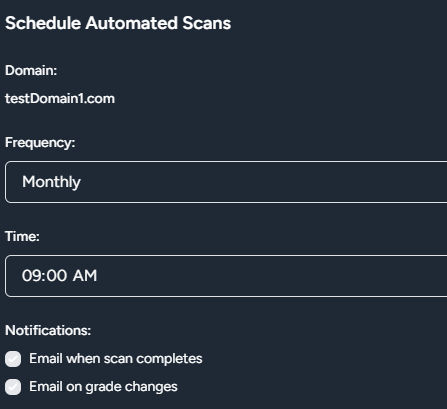 Scheduled scans interface showing automated monitoring setup